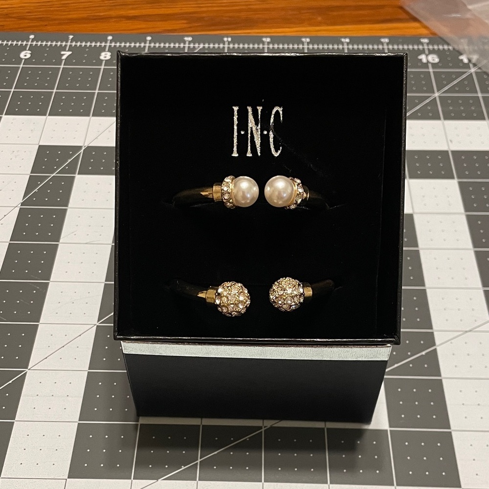 INC Gold Tone Pearl & Crystal Cuff Bracelet Duo D03‎ 6658